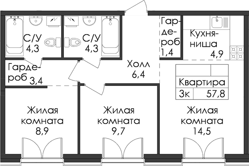 2-комнатная квартира 57.8 м², 3/9 эт., ЖК «Лермонтовский 54»